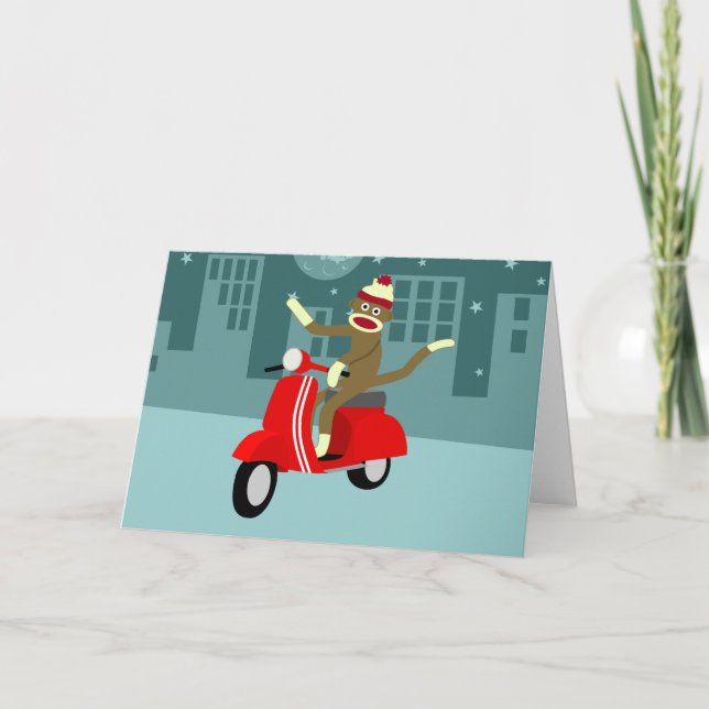 Sock Monkey Vespa Roller Karte (Vorderseite)