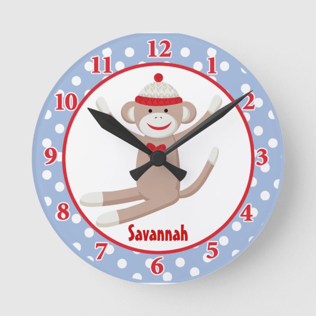 Sock Monkey Wall Clock (blau) Fügen Sie einen Name Runde Wanduhr (Vorderseite)