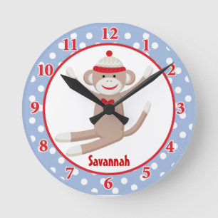 Sock Monkey Wall Clock (blau) Fügen Sie einen Name Runde Wanduhr