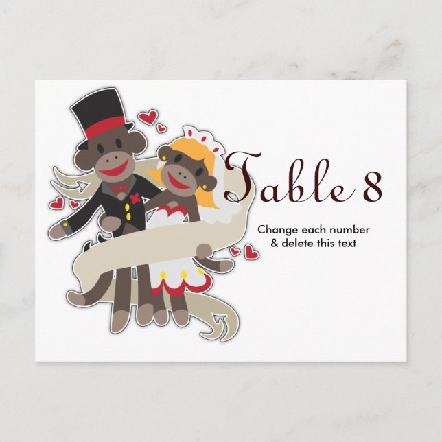SOCK MONKEY Wedding Table Cards Nummern Postkarte (Vorderseite)