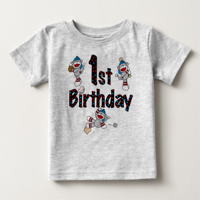 Socken-Affe-Baseball-1. Geburtstag Baby T-shirt (Vorderseite)