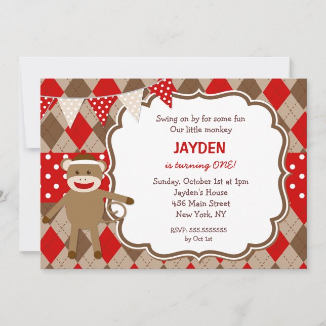 Socken-Affe-Geburtstags-Einladungen Einladung (Vorderseite)