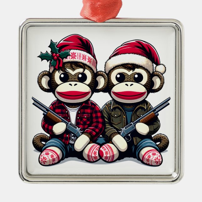SockMonkey Hunter Brothers und ihr Engel Friend Ornament Aus Metall (Vorne)