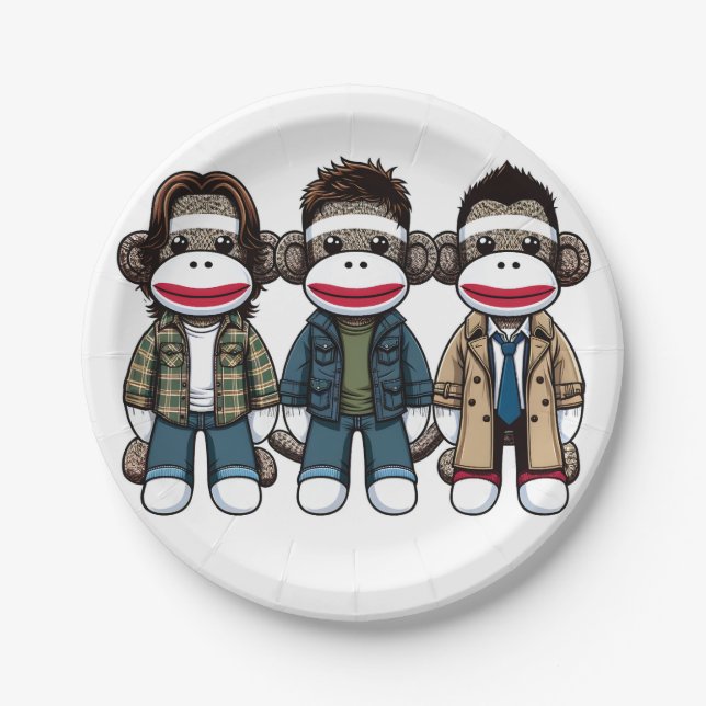 SockMonkey Hunter Brothers und ihr Engel Friend Pappteller (Vorderseite)