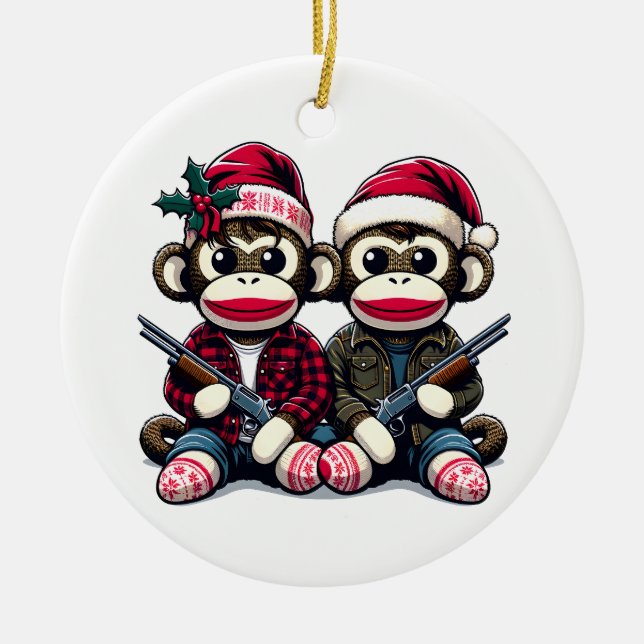 SockMonkey Hunter Brüder zu Weihnachten Keramik Ornament (Vorne)