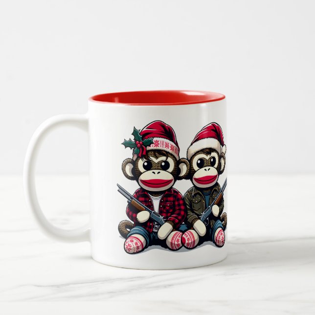 SockMonkey Hunter Brüder zu Weihnachten Zweifarbige Tasse (Links)