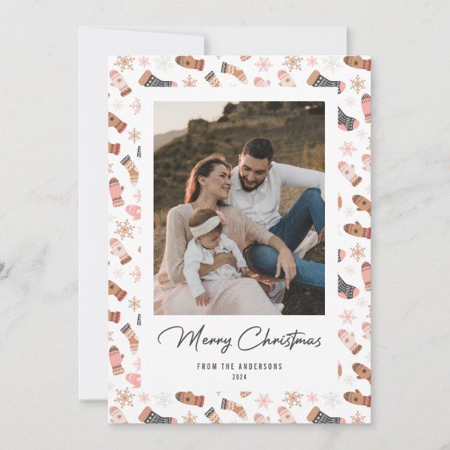 Socks Gloves Schneeflocken Foto Weihnachtskarten Feiertagskarte (Vorderseite)