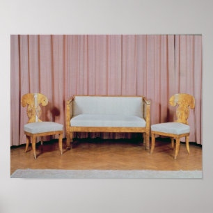 Sofa und zwei Stühle, Karelische Birke, 1810-20 Poster