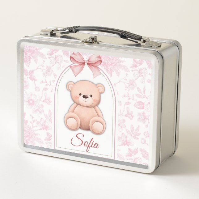 Sofia | Benutzerdefiniertes rosa Teddy-Bär-Kinderz Metall Brotdose (Vorderseite)