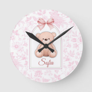 Sofia Benutzerdefiniertes rosa Teddy-Bär-Kinderz Runde Wanduhr
