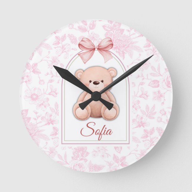 Sofia | Benutzerdefiniertes rosa Teddy-Bär-Kinderz Runde Wanduhr (Vorderseite)