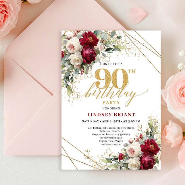 Sofisticated Boho Merlot Roségold 90. Geburtstag Einladung (Sophisticated Merlot Rose Gold 90th Birthday Invite)