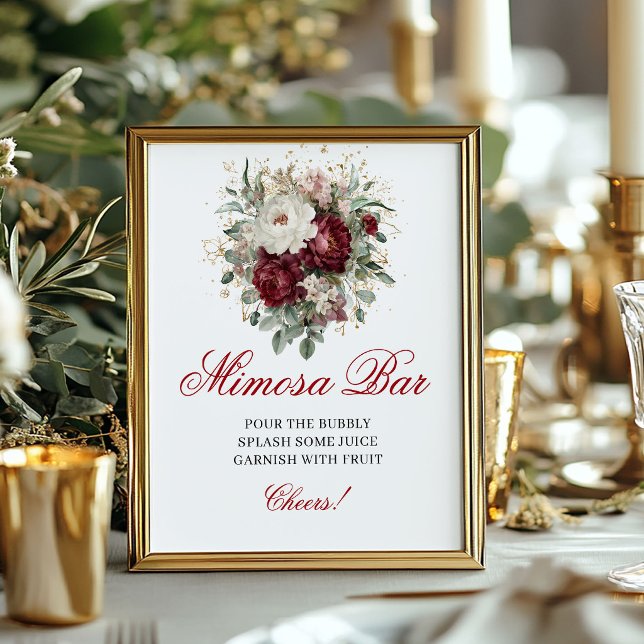 Sofisticated Mimosa Bar Blush Burgunder Floral Sig Poster (Sophisticated Mimosa Bar Blush Burgundy Floral Sign)