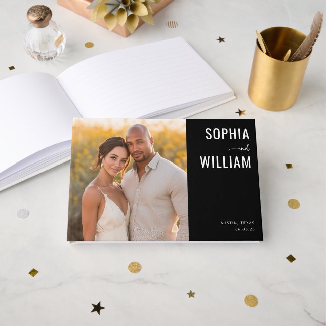 Sofisticated Schwarz und Gold Foto Gästebuch (Vorderseite Offen)