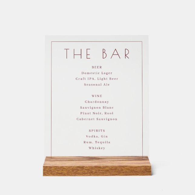 Sofisticertes Beige-Minimalist-Bar-Menü Acrylschild (Vorderseite)