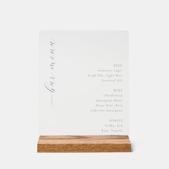Sofisticertes Graustufen-Minimalist-Bar-Menü Acrylschild (Vorderseite)