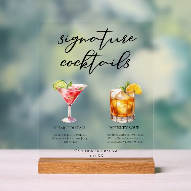 Sofisticertes Hochzeits-Signature-Cocktails-Menü Acrylschild (Neutral)