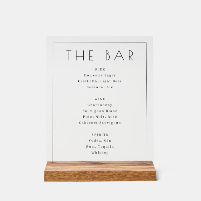 Sofisticertes minimalistisches Getränkemenu Acrylschild (Vorderseite)