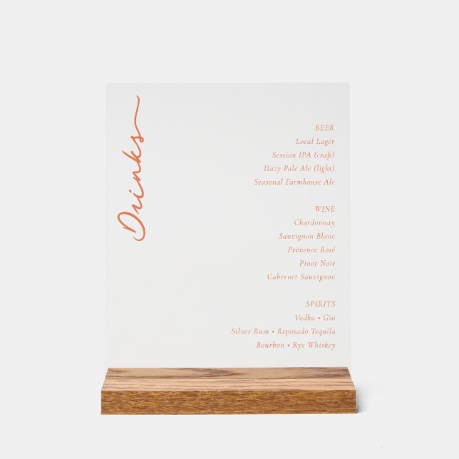 Sofisticertes Oranges Serif-Hochzeitsmenü Acrylschild (Vorderseite)