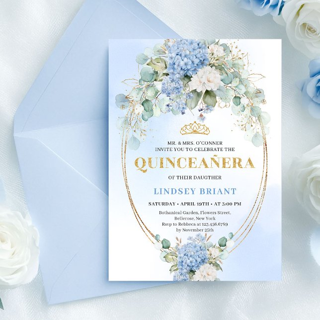 Sofisticierte blaue Hortensien-Gold-Quince-Einladu Einladung (Sophisticated Blue Hydrangea Gold Quince Invitation)