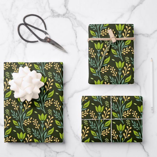 Sofisticiertes blaues und beige Blumendesign  Geschenkpapier Set (Vorderseite)
