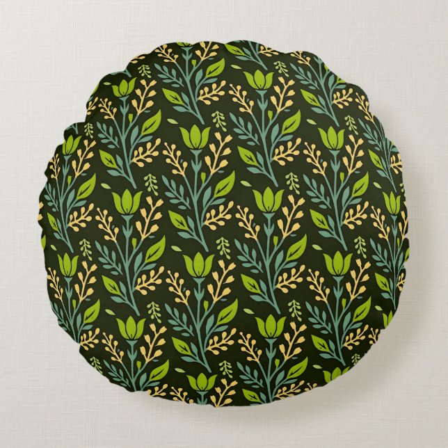 Sofisticiertes blaues und beige Blumendesign  Rundes Kissen (Vorderseite)