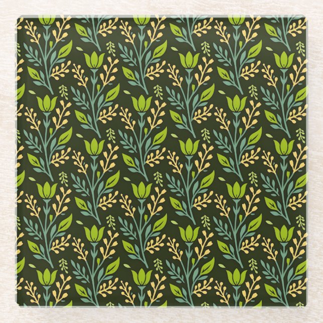 Sofisticiertes blaues und beiges Blumenmuster-Desi Glasuntersetzer (Vorderseite)