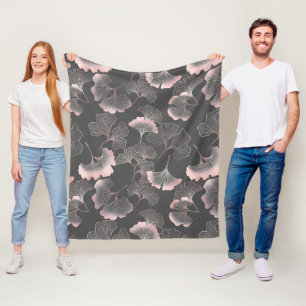 Sofistische Pinke Linienkunst Ginkgo auf dunkler L Fleecedecke