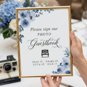 Sofort-Foto-Gästebuch-Schild Dusty Blue Floral Poster
