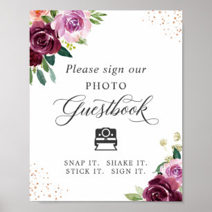 Sofort-Foto-Gästebuch-Schild Pflaume Lila Floral Poster