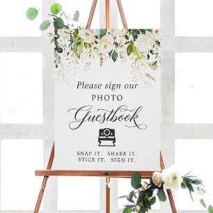 Sofort-Foto-Gästebuch-Schild Weiße Rosen Floral Poster