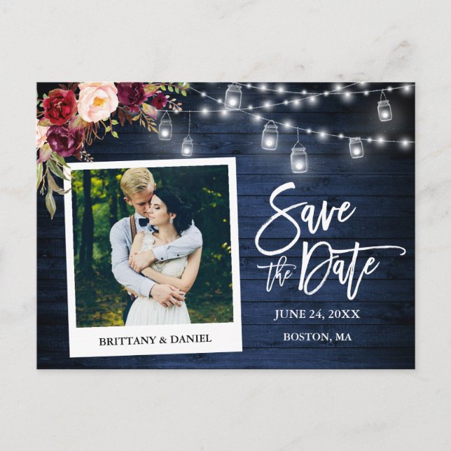 Sofortkamera Blue Wood Floral Jars Save the Date Postkarte (Vorderseite)