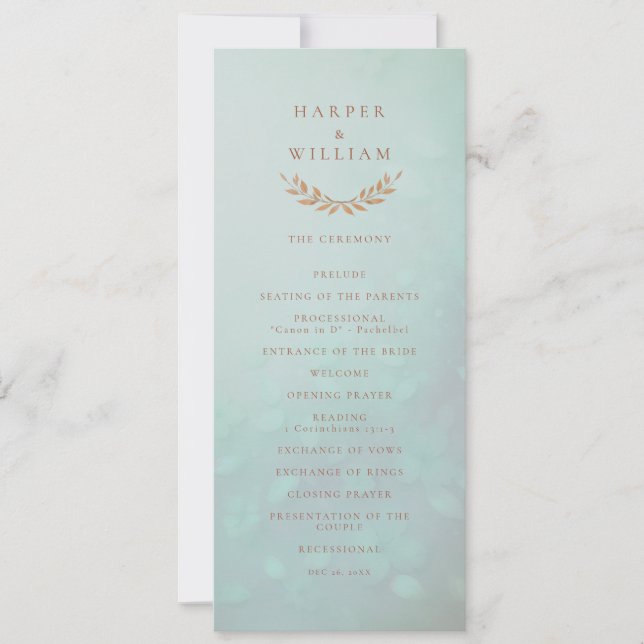 Soft aqua floral Trauung Programm (Vorderseite)