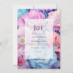 Soft Aqua & Light Pink Floral Wedding Monogram Einladung