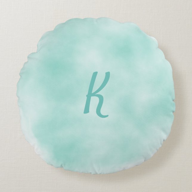 Soft Aqua Watercolor Monogram Rundkissen Rundes Kissen (Vorderseite)