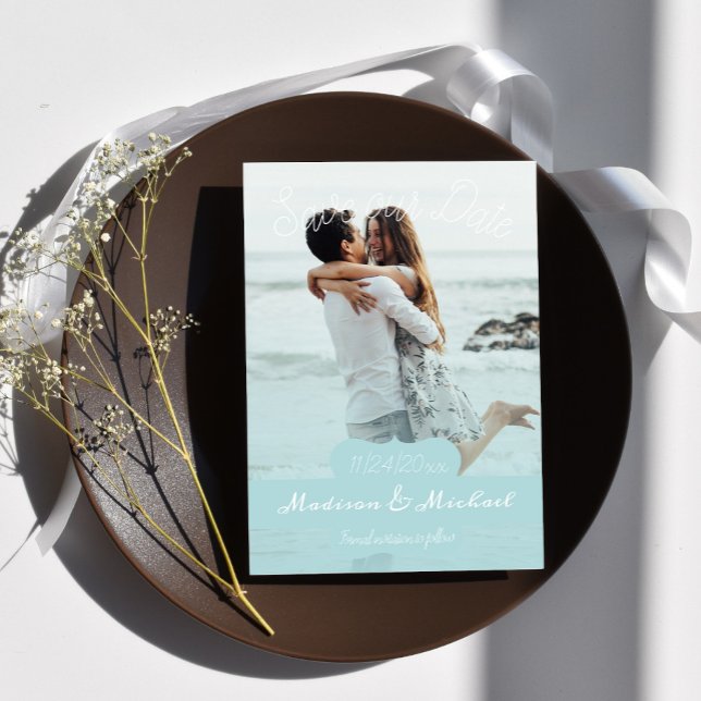 Soft Aquamarin Banner Foto Ankündigung Datum freih (Soft Teal Banner Photo Save the Date)