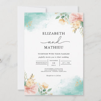 Soft Aquamarin Floral Accent Wedding Einladung