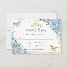 Soft Baby Blue Floral Gold Quinceñera Schmetterlin RSVP Karte