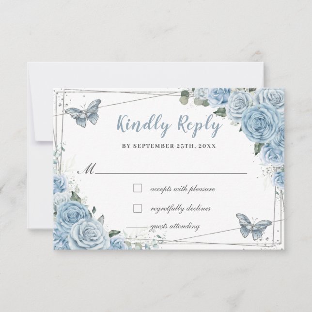 Soft Baby Blue Floral Rose Quinceañera Butterfly RSVP Karte (Vorderseite)