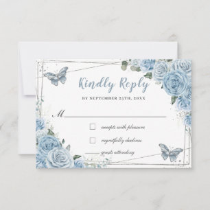 Soft Baby Blue Floral Rose Quinceañera Butterfly RSVP Karte