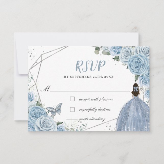 Soft Baby Blue Floral Rose Quinceañera Princess RSVP Karte (Vorderseite)