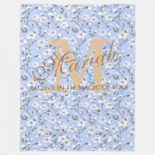 Soft Baby Blue White Floral Name Monogramm Fleecedecke