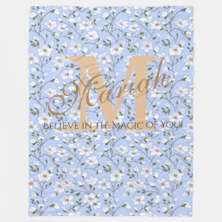 Soft Baby Blue White Floral Name Monogramm Fleecedecke