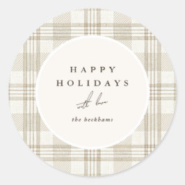 Soft Beige Gingham Happy Holidays Runder Aufkleber