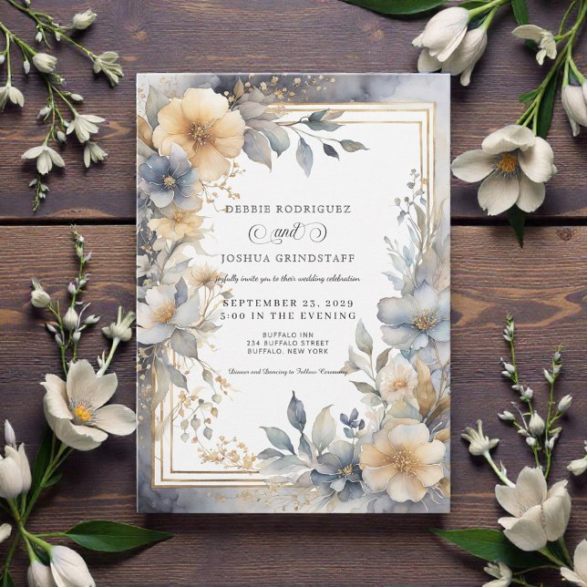 Soft Beige & Gray Floral Frame Wedding Invitation  Einladung (Von Creator hochgeladen)