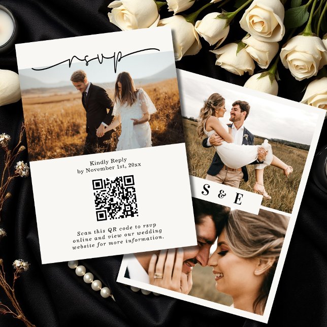 Soft Beige Minimalistische Script QR Code Foto Hoc RSVP Karte (Von Creator hochgeladen)