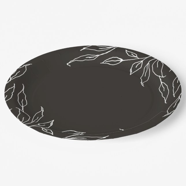 Soft Black Leaf Motif Erntedank Party Pappteller (Schrägansicht)