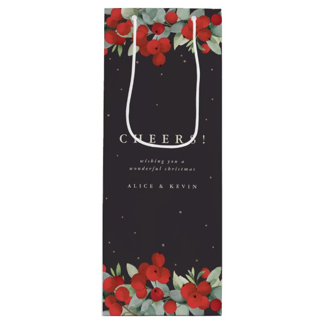 Soft Black Red Berry+Eucalyptus Christmas/Holiday Geschenktüte Für Weinflaschen (Vorderseite)