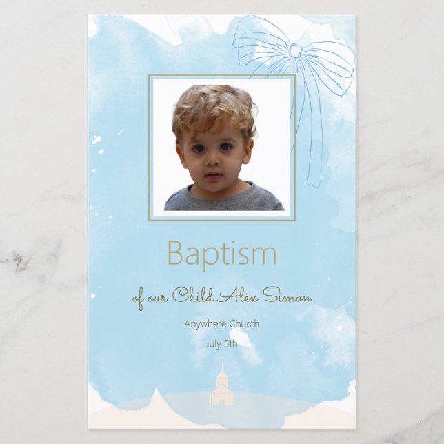 Soft Blue Baptismenü mit Goldakzenten (Vorderseite)