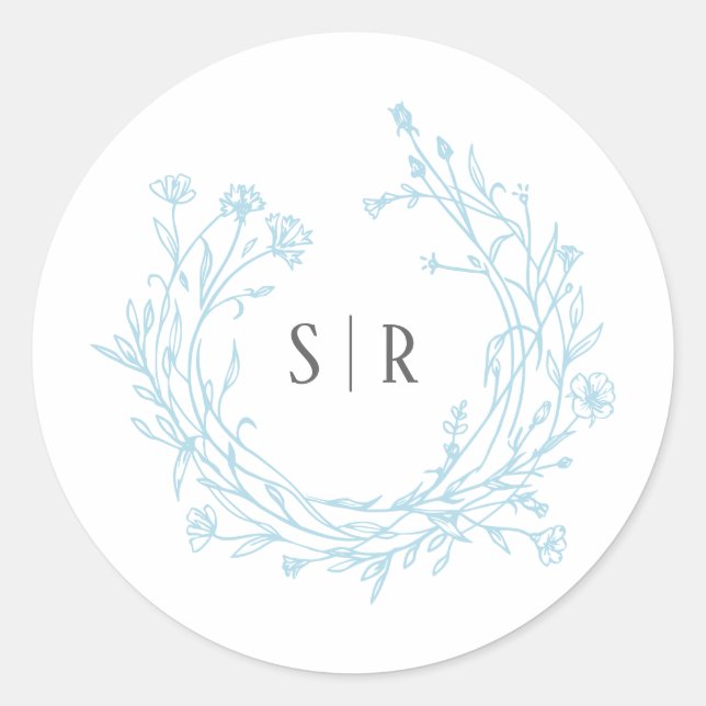 Soft Blue Boho Floral Monogram Custom Wedding Runder Aufkleber (Vorderseite)